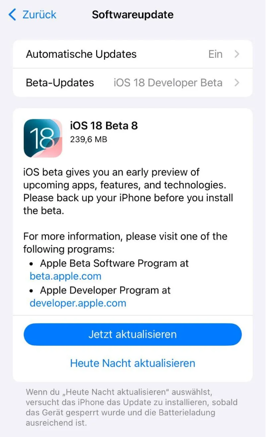 千家镇苹果手机维修分享苹果 iOS / iPadOS 18 开发者预览版 Beta 8 发布 